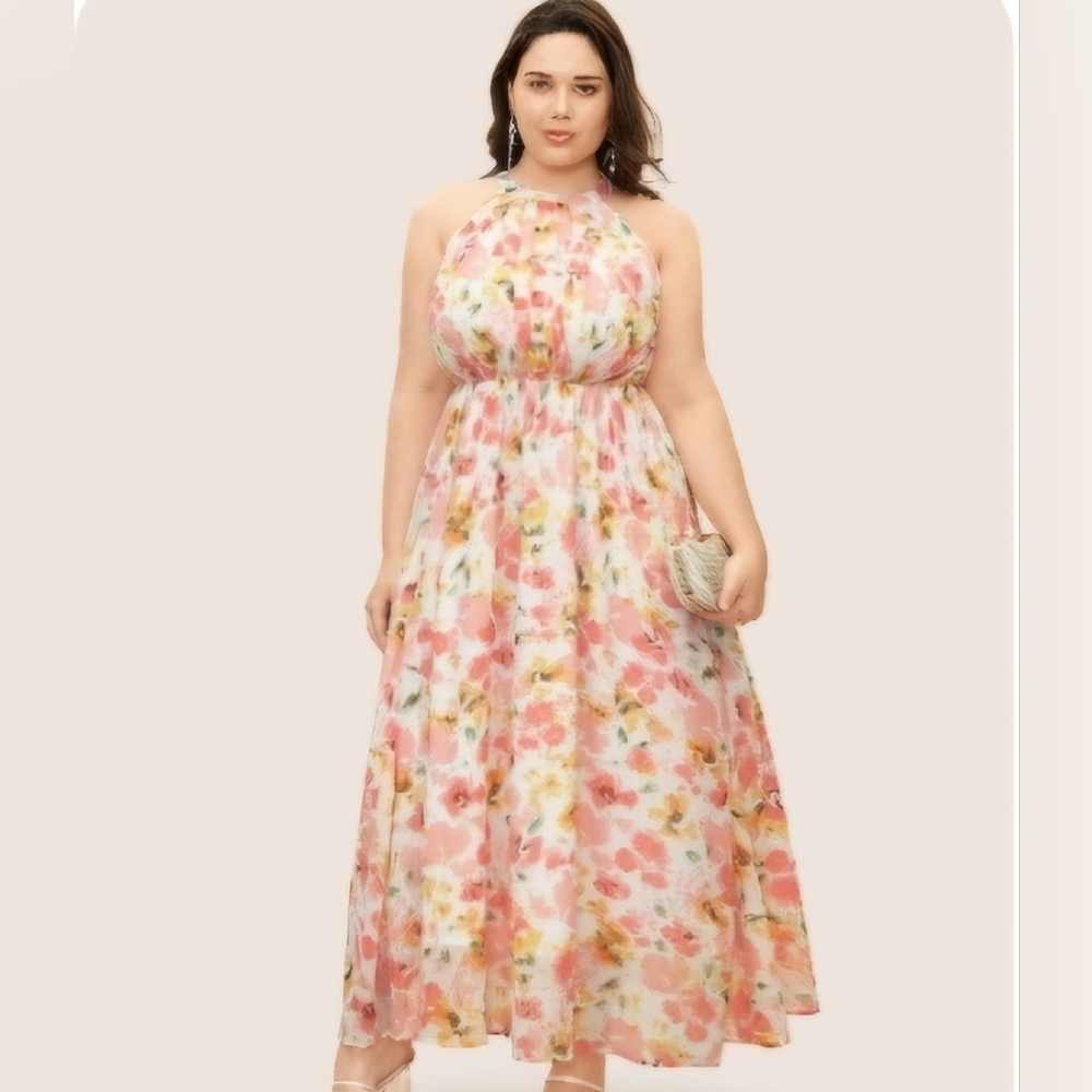 Halter Neck Floral Pleated Pocket Dress Size-14/16